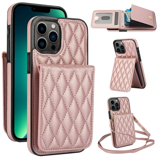 For iPhone 13 Pro Max YM015 Crossbody Rhombic Card Bag RFID Phone Case(Rose Gold) - iPhone 13 Pro Max Cases by buy2fix | Online Shopping UK | buy2fix