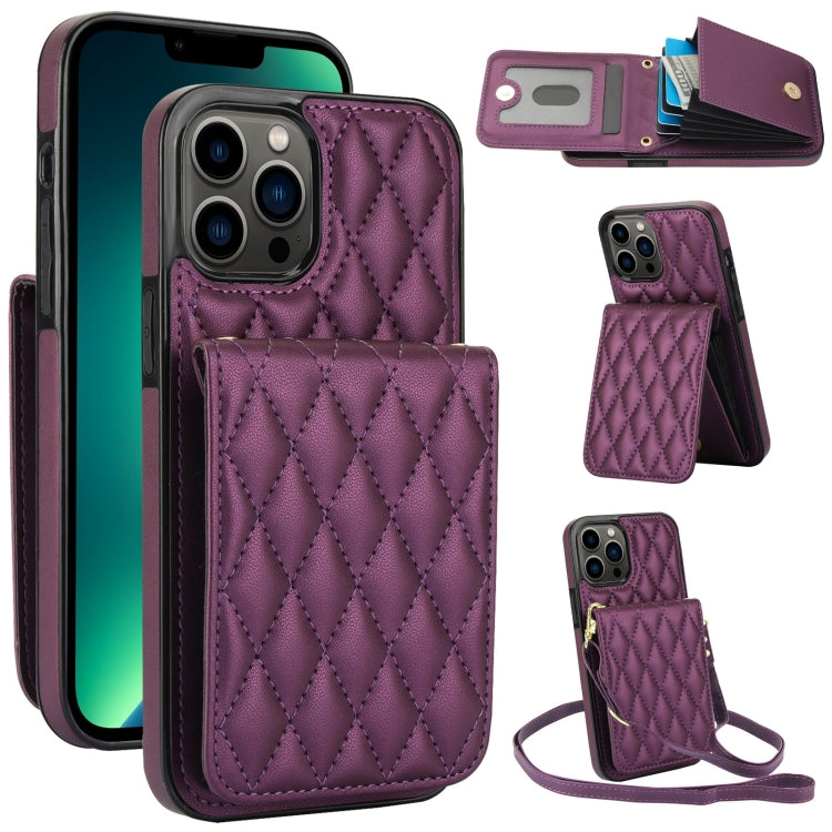 For iPhone 13 Pro Max YM015 Crossbody Rhombic Card Bag RFID Phone Case(Dark Purple) - iPhone 13 Pro Max Cases by buy2fix | Online Shopping UK | buy2fix