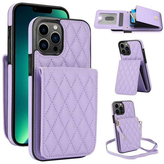 For iPhone 13 Pro Max YM015 Crossbody Rhombic Card Bag RFID Phone Case(Light Purple) - iPhone 13 Pro Max Cases by buy2fix | Online Shopping UK | buy2fix