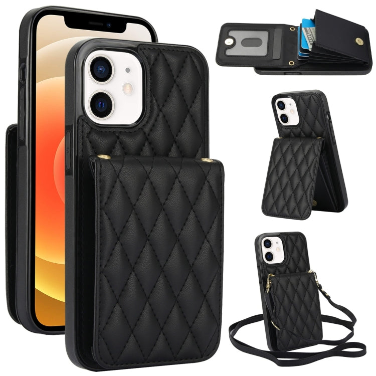 For iPhone 12 / 12 Pro YM015 Crossbody Rhombic Card Bag RFID Phone Case(Black) - iPhone 12 / 12 Pro Cases by buy2fix | Online Shopping UK | buy2fix