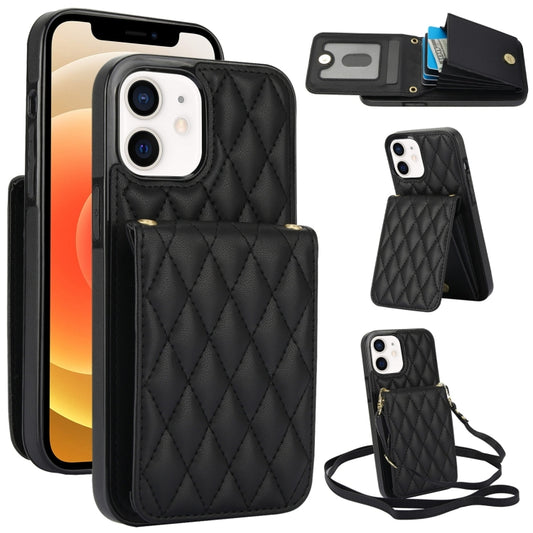 For iPhone 12 / 12 Pro YM015 Crossbody Rhombic Card Bag RFID Phone Case(Black) - iPhone 12 / 12 Pro Cases by buy2fix | Online Shopping UK | buy2fix