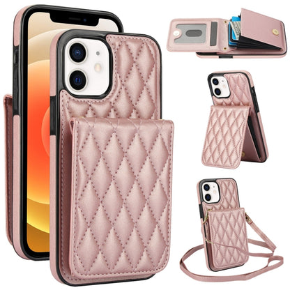 For iPhone 12 / 12 Pro YM015 Crossbody Rhombic Card Bag RFID Phone Case(Rose Gold) - iPhone 12 / 12 Pro Cases by buy2fix | Online Shopping UK | buy2fix