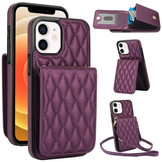 For iPhone 12 / 12 Pro YM015 Crossbody Rhombic Card Bag RFID Phone Case(Dark Purple) - iPhone 12 / 12 Pro Cases by buy2fix | Online Shopping UK | buy2fix