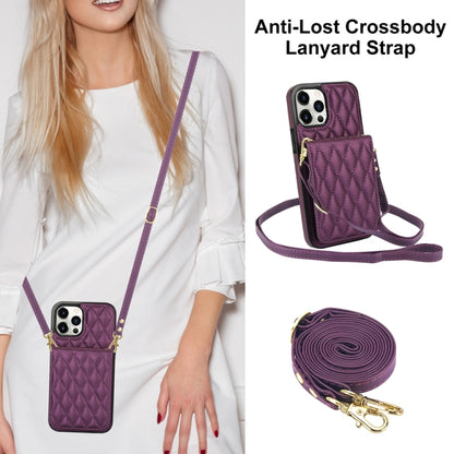 For iPhone 12 / 12 Pro YM015 Crossbody Rhombic Card Bag RFID Phone Case(Dark Purple) - iPhone 12 / 12 Pro Cases by buy2fix | Online Shopping UK | buy2fix