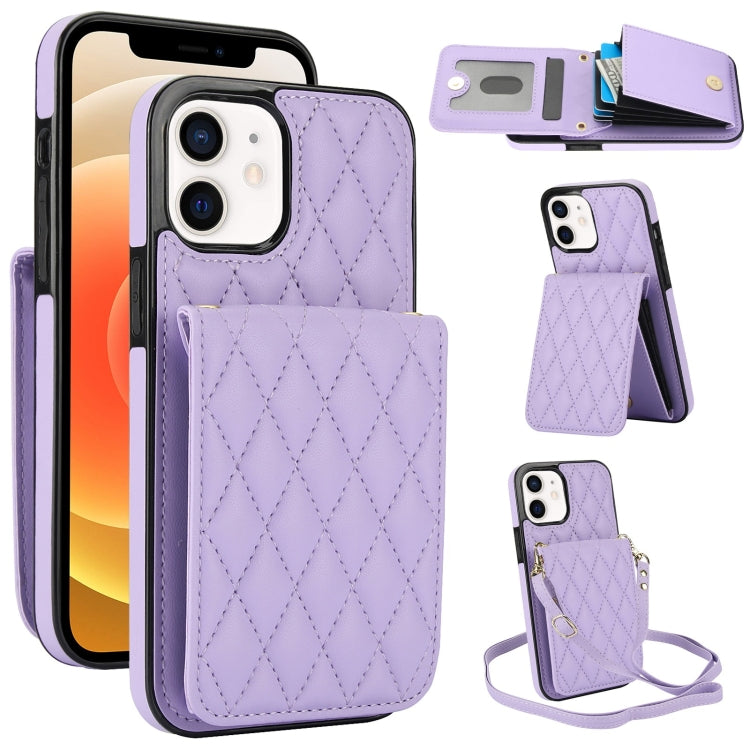 For iPhone 12 / 12 Pro YM015 Crossbody Rhombic Card Bag RFID Phone Case(Light Purple) - iPhone 12 / 12 Pro Cases by buy2fix | Online Shopping UK | buy2fix