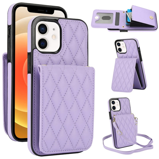 For iPhone 12 / 12 Pro YM015 Crossbody Rhombic Card Bag RFID Phone Case(Light Purple) - iPhone 12 / 12 Pro Cases by buy2fix | Online Shopping UK | buy2fix