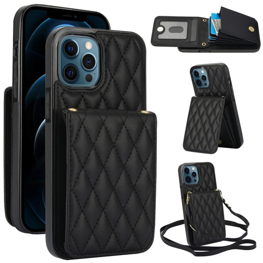 For iPhone 12 Pro Max YM015 Crossbody Rhombic Card Bag RFID Phone Case(Black) - iPhone 12 Pro Max Cases by buy2fix | Online Shopping UK | buy2fix