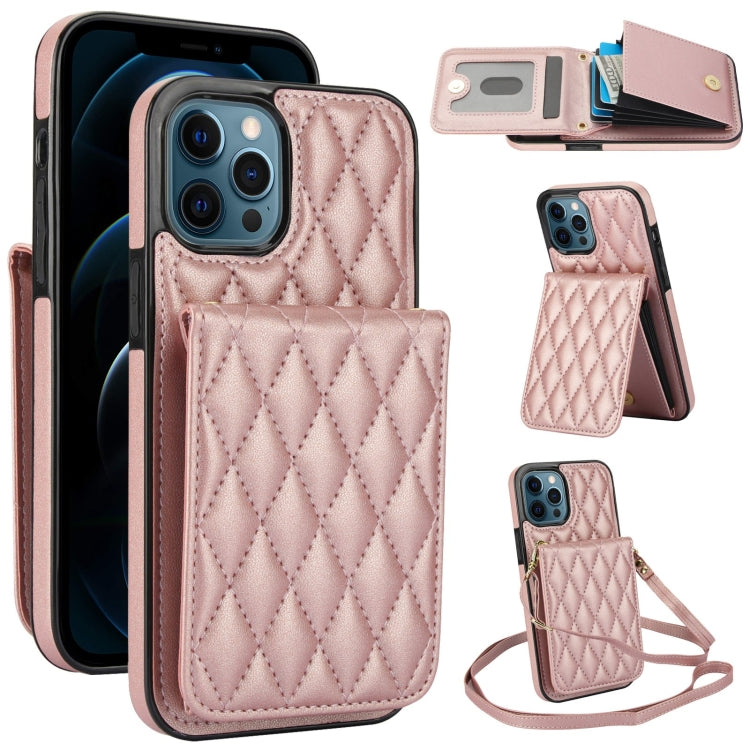 For iPhone 12 Pro Max YM015 Crossbody Rhombic Card Bag RFID Phone Case(Rose Gold) - iPhone 12 Pro Max Cases by buy2fix | Online Shopping UK | buy2fix