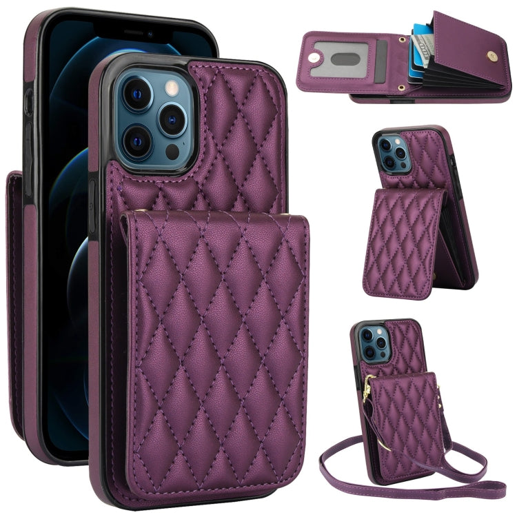 For iPhone 12 Pro Max YM015 Crossbody Rhombic Card Bag RFID Phone Case(Dark Purple) - iPhone 12 Pro Max Cases by buy2fix | Online Shopping UK | buy2fix