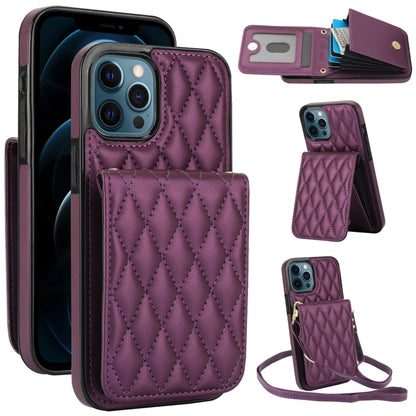 For iPhone 12 Pro Max YM015 Crossbody Rhombic Card Bag RFID Phone Case(Dark Purple) - iPhone 12 Pro Max Cases by buy2fix | Online Shopping UK | buy2fix