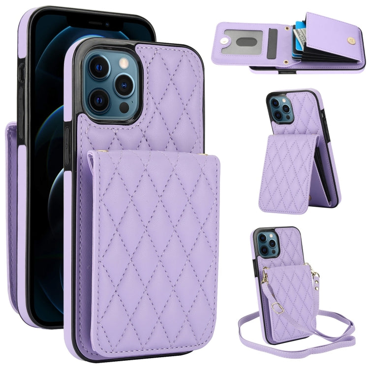For iPhone 12 Pro Max YM015 Crossbody Rhombic Card Bag RFID Phone Case(Light Purple) - iPhone 12 Pro Max Cases by buy2fix | Online Shopping UK | buy2fix