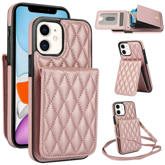 For iPhone 11 YM015 Crossbody Rhombic Card Bag RFID Phone Case(Rose Gold) - iPhone 11 Cases by buy2fix | Online Shopping UK | buy2fix