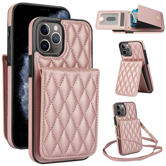 For iPhone 11 Pro YM015 Crossbody Rhombic Card Bag RFID Phone Case(Rose Gold) - iPhone 11 Pro Cases by buy2fix | Online Shopping UK | buy2fix