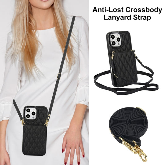For iPhone 16 Pro YM015 Crossbody Rhombic Card Bag RFID Phone Case(Black) by buy2fix