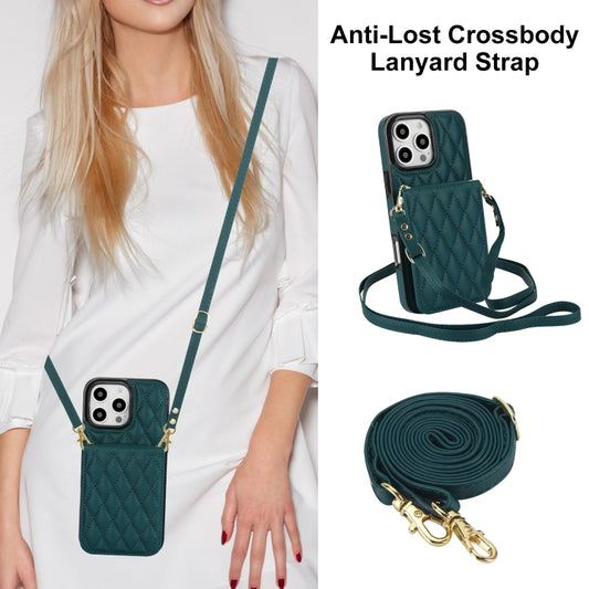 For iPhone 16 Pro YM015 Crossbody Rhombic Card Bag RFID Phone Case(Green) by buy2fix