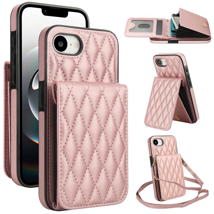 For iPhone 16e YM015 Crossbody Rhombic Card Bag RFID Phone Case(Rose Gold) - iPhone 16e Cases by buy2fix | Online Shopping UK | buy2fix