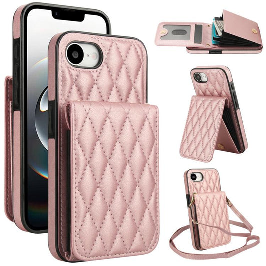 For iPhone 16e YM015 Crossbody Rhombic Card Bag RFID Phone Case(Rose Gold) - iPhone 16e Cases by buy2fix | Online Shopping UK | buy2fix