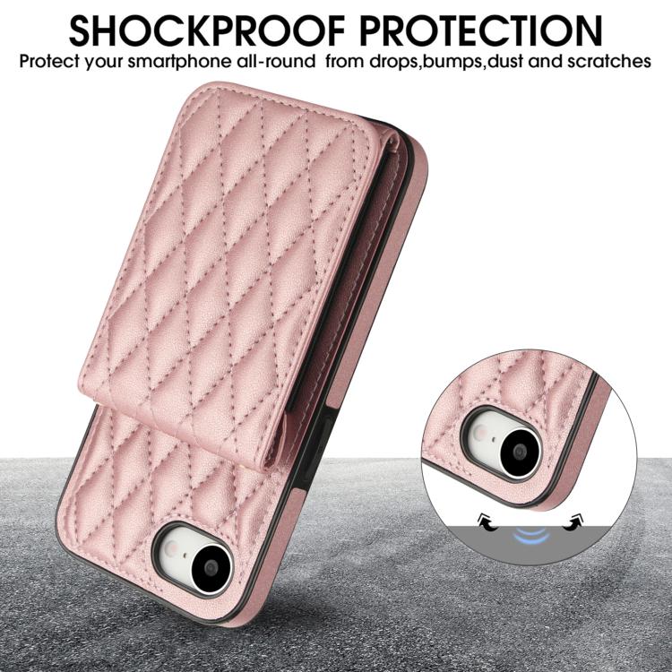 For iPhone 16e YM015 Crossbody Rhombic Card Bag RFID Phone Case(Rose Gold) - iPhone 16e Cases by buy2fix | Online Shopping UK | buy2fix