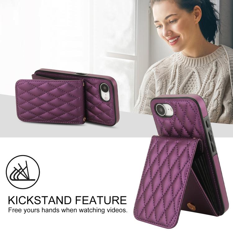 For iPhone 16e YM015 Crossbody Rhombic Card Bag RFID Phone Case(Dark Purple) - iPhone 16e Cases by buy2fix | Online Shopping UK | buy2fix