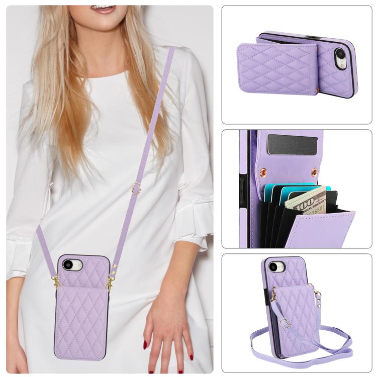 For iPhone 16e YM015 Crossbody Rhombic Card Bag RFID Phone Case(Light Purple) - iPhone 16e Cases by buy2fix | Online Shopping UK | buy2fix