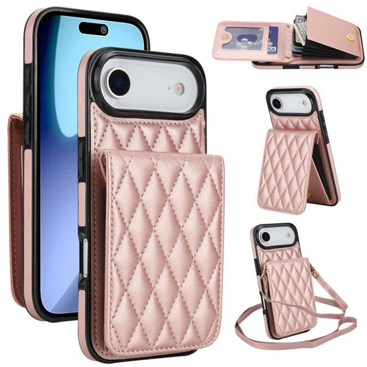 For iPhone Air YM015 Crossbody Rhombic Card Bag RFID Phone Case(Rose Gold) - iPhone Air Cases by buy2fix | Online Shopping UK | buy2fix