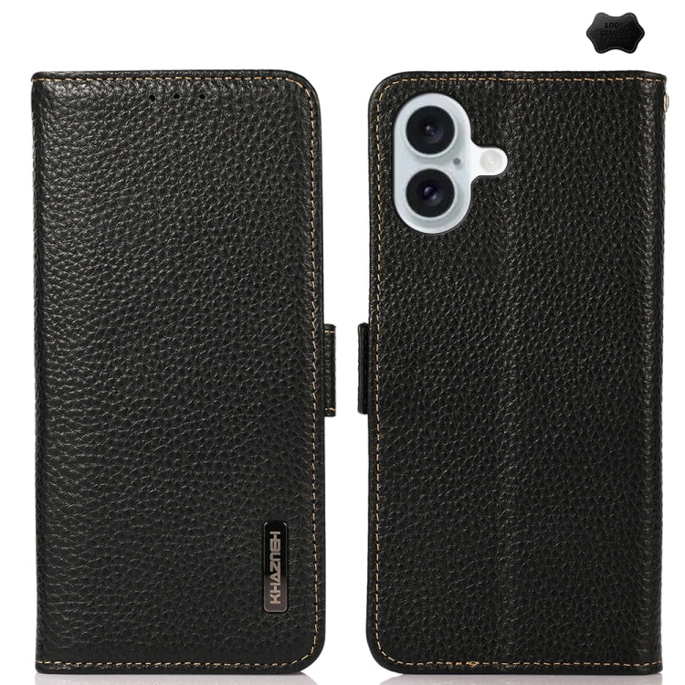 For iPhone 16 Plus KHAZNEH Side-Magnetic Litchi Genuine Leather RFID Case(Black) by buy2fix