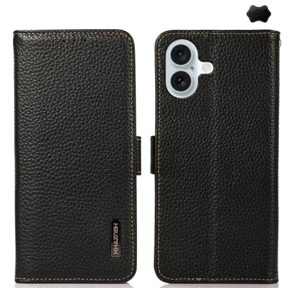 For iPhone 16 Plus KHAZNEH Side-Magnetic Litchi Genuine Leather RFID Case(Black) by buy2fix