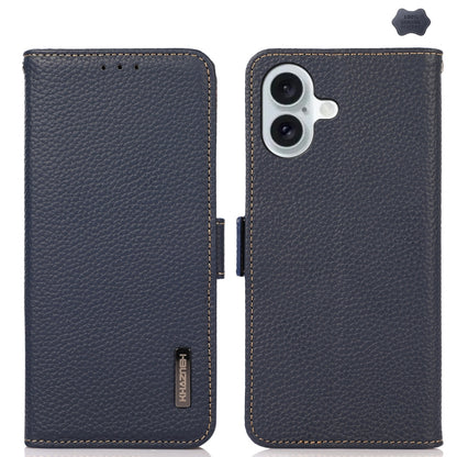 For iPhone 16 Plus KHAZNEH Side-Magnetic Litchi Genuine Leather RFID Case(Blue) - iPhone 16 Plus Cases by buy2fix | Online Shopping UK | buy2fix