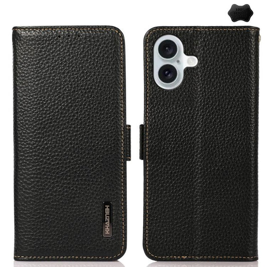 For iPhone 17 KHAZNEH Side-Magnetic Litchi Genuine Leather RFID Case(Black) - iPhone 17 Cases by buy2fix | Online Shopping UK | buy2fix