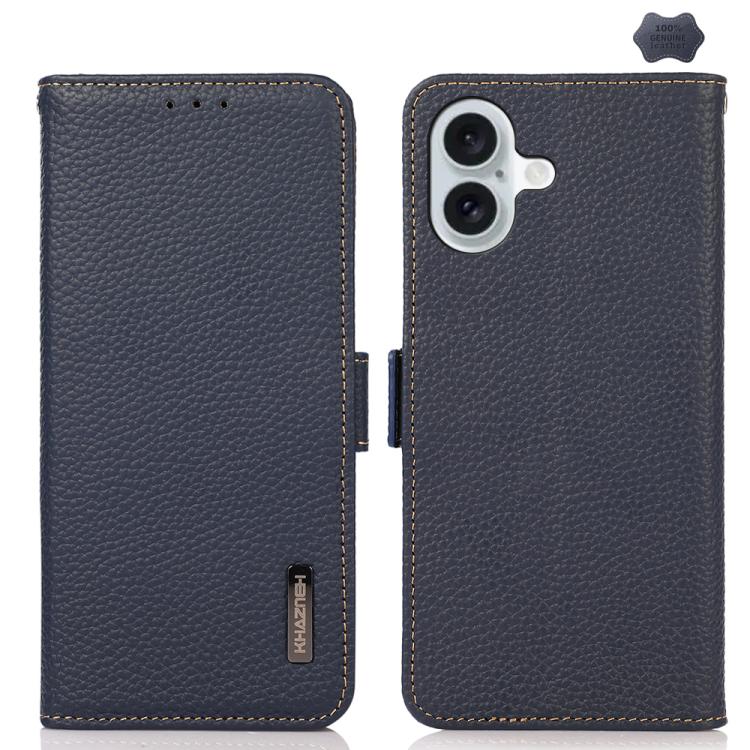 For iPhone 17 KHAZNEH Side-Magnetic Litchi Genuine Leather RFID Case(Blue) - iPhone 17 Cases by buy2fix | Online Shopping UK | buy2fix