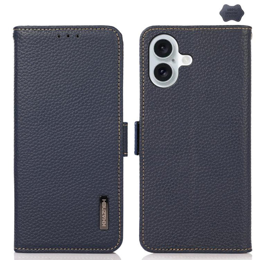 For iPhone 17 KHAZNEH Side-Magnetic Litchi Genuine Leather RFID Case(Blue) - iPhone 17 Cases by buy2fix | Online Shopping UK | buy2fix