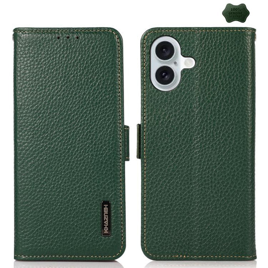 For iPhone 17 KHAZNEH Side-Magnetic Litchi Genuine Leather RFID Case(Green) - iPhone 17 Cases by buy2fix | Online Shopping UK | buy2fix