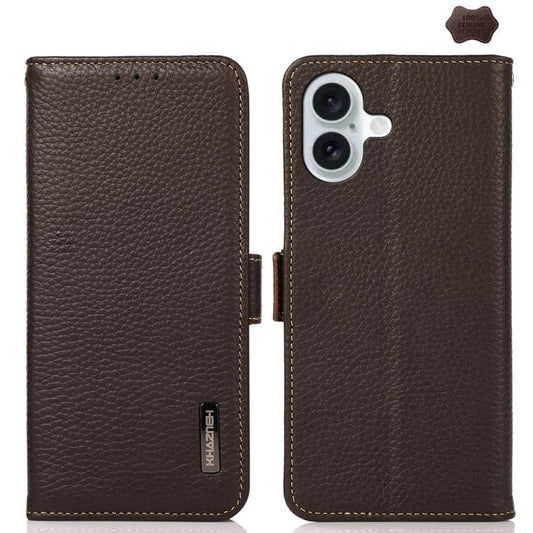 For iPhone 17 KHAZNEH Side-Magnetic Litchi Genuine Leather RFID Case(Brown) - iPhone 17 Cases by buy2fix | Online Shopping UK | buy2fix