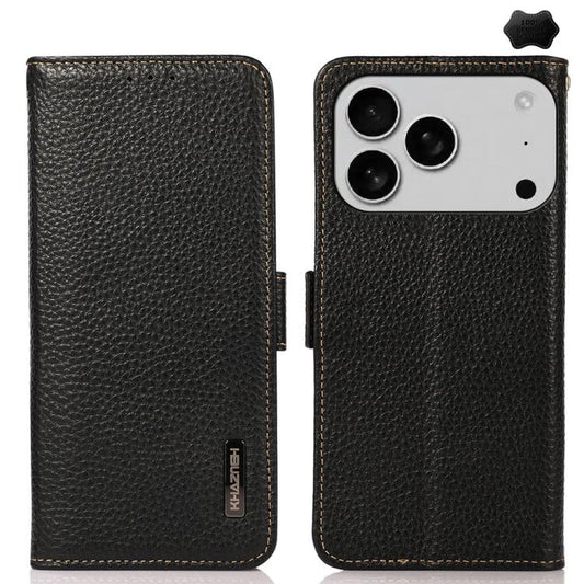 For iPhone 17 Pro KHAZNEH Side-Magnetic Litchi Genuine Leather RFID Case(Black) - iPhone 17 Pro Cases by buy2fix | Online Shopping UK | buy2fix