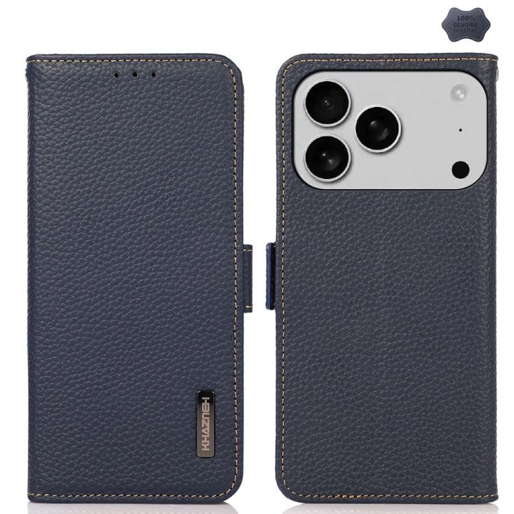 For iPhone 17 Pro KHAZNEH Side-Magnetic Litchi Genuine Leather RFID Case(Blue) - iPhone 17 Pro Cases by buy2fix | Online Shopping UK | buy2fix