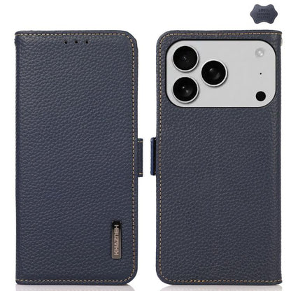 For iPhone 17 Pro KHAZNEH Side-Magnetic Litchi Genuine Leather RFID Case(Blue) - iPhone 17 Pro Cases by buy2fix | Online Shopping UK | buy2fix