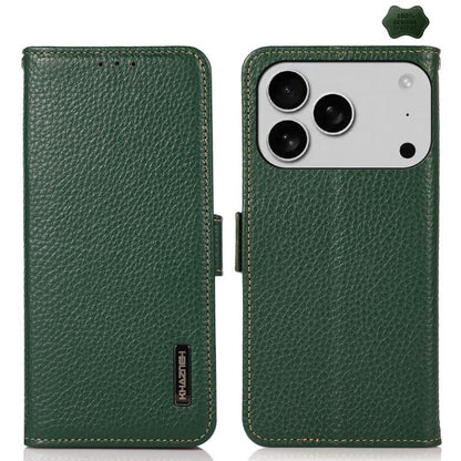 For iPhone 17 Pro KHAZNEH Side-Magnetic Litchi Genuine Leather RFID Case(Green) - iPhone 17 Pro Cases by buy2fix | Online Shopping UK | buy2fix