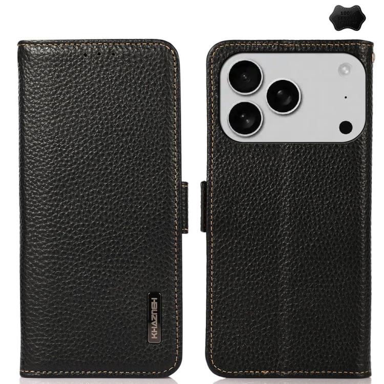 For iPhone 17 Pro Max KHAZNEH Side-Magnetic Litchi Genuine Leather RFID Case(Black) - iPhone 17 Pro Max Cases by buy2fix | Online Shopping UK | buy2fix