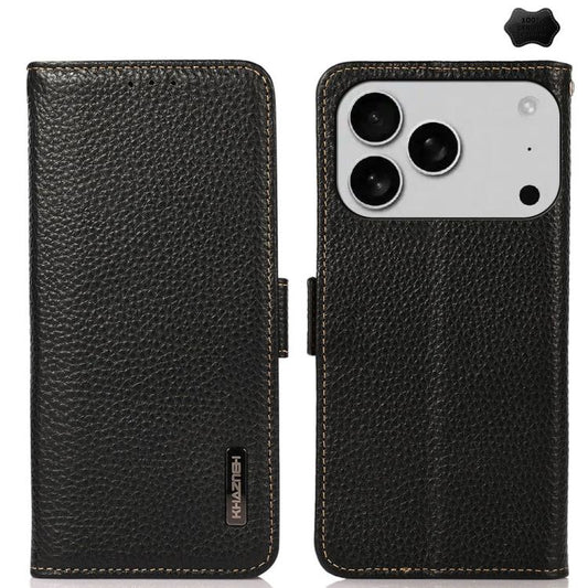 For iPhone 17 Pro Max KHAZNEH Side-Magnetic Litchi Genuine Leather RFID Case(Black) - iPhone 17 Pro Max Cases by buy2fix | Online Shopping UK | buy2fix