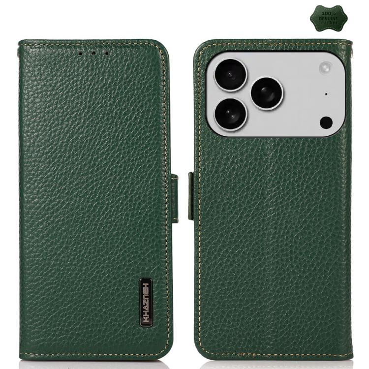For iPhone 17 Pro Max KHAZNEH Side-Magnetic Litchi Genuine Leather RFID Case(Green) - iPhone 17 Pro Max Cases by buy2fix | Online Shopping UK | buy2fix