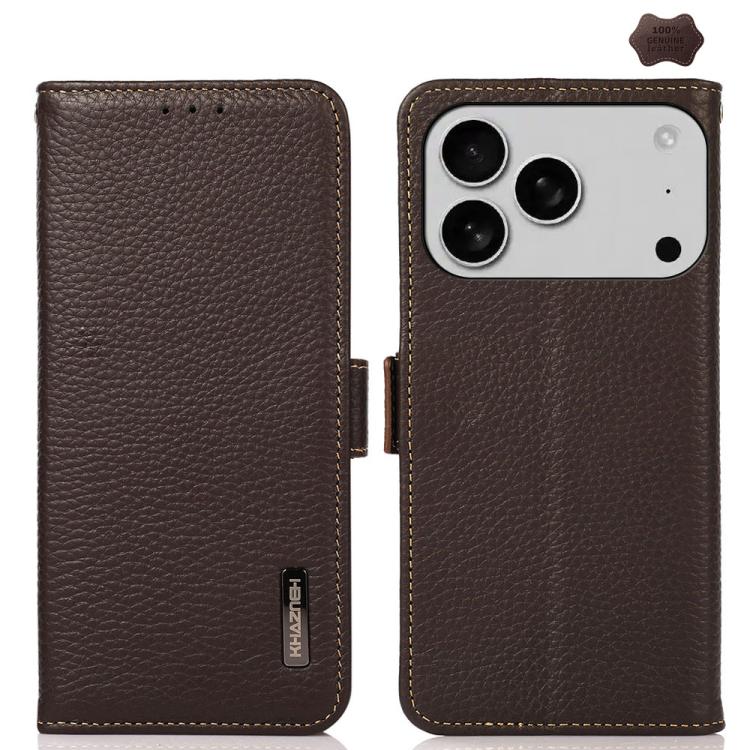 For iPhone 17 Pro Max KHAZNEH Side-Magnetic Litchi Genuine Leather RFID Case(Brown) - iPhone 17 Pro Max Cases by buy2fix | Online Shopping UK | buy2fix