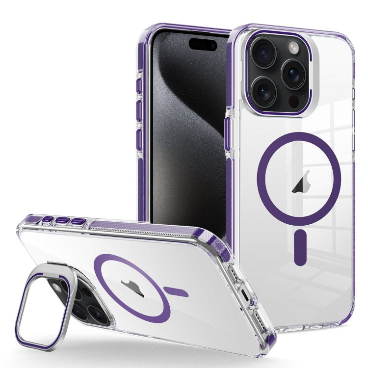 For iPhone 15 Pro J2 High Transparent MagSafe Magnetic Frame Holder Phone Case(Dark Purple) - iPhone 15 Pro Cases by buy2fix | Online Shopping UK | buy2fix