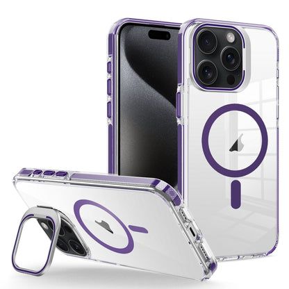 For iPhone 15 Pro J2 High Transparent MagSafe Magnetic Frame Holder Phone Case(Dark Purple) - iPhone 15 Pro Cases by buy2fix | Online Shopping UK | buy2fix