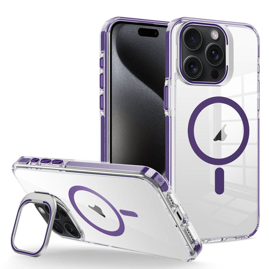 For iPhone 15 Pro J2 High Transparent MagSafe Magnetic Frame Holder Phone Case(Dark Purple) - iPhone 15 Pro Cases by buy2fix | Online Shopping UK | buy2fix