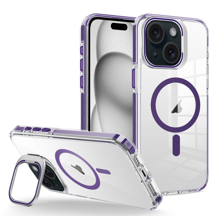 For iPhone 15 Plus J2 High Transparent MagSafe Magnetic Frame Holder Phone Case(Dark Purple) - iPhone 15 Plus Cases by buy2fix | Online Shopping UK | buy2fix