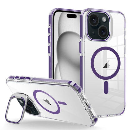 For iPhone 15 J2 High Transparent MagSafe Magnetic Frame Holder Phone Case(Dark Purple) - iPhone 15 Cases by buy2fix | Online Shopping UK | buy2fix