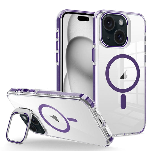 For iPhone 15 J2 High Transparent MagSafe Magnetic Frame Holder Phone Case(Dark Purple) - iPhone 15 Cases by buy2fix | Online Shopping UK | buy2fix