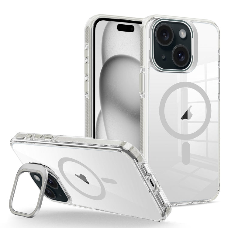For iPhone 15 J2 High Transparent MagSafe Magnetic Frame Holder Phone Case(Grey) - iPhone 15 Cases by buy2fix | Online Shopping UK | buy2fix