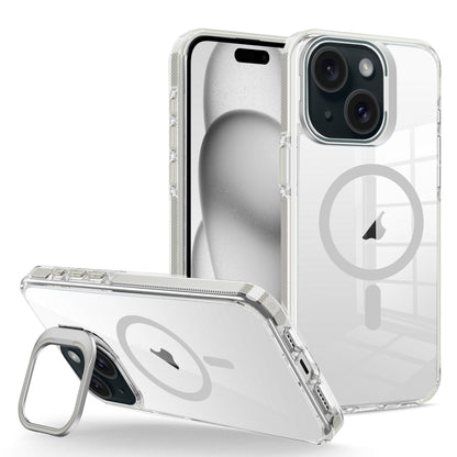 For iPhone 15 J2 High Transparent MagSafe Magnetic Frame Holder Phone Case(Grey) - iPhone 15 Cases by buy2fix | Online Shopping UK | buy2fix