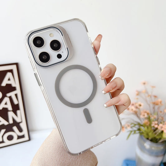 For iPhone 15 J2 High Transparent MagSafe Magnetic Frame Holder Phone Case(Grey) - iPhone 15 Cases by buy2fix | Online Shopping UK | buy2fix